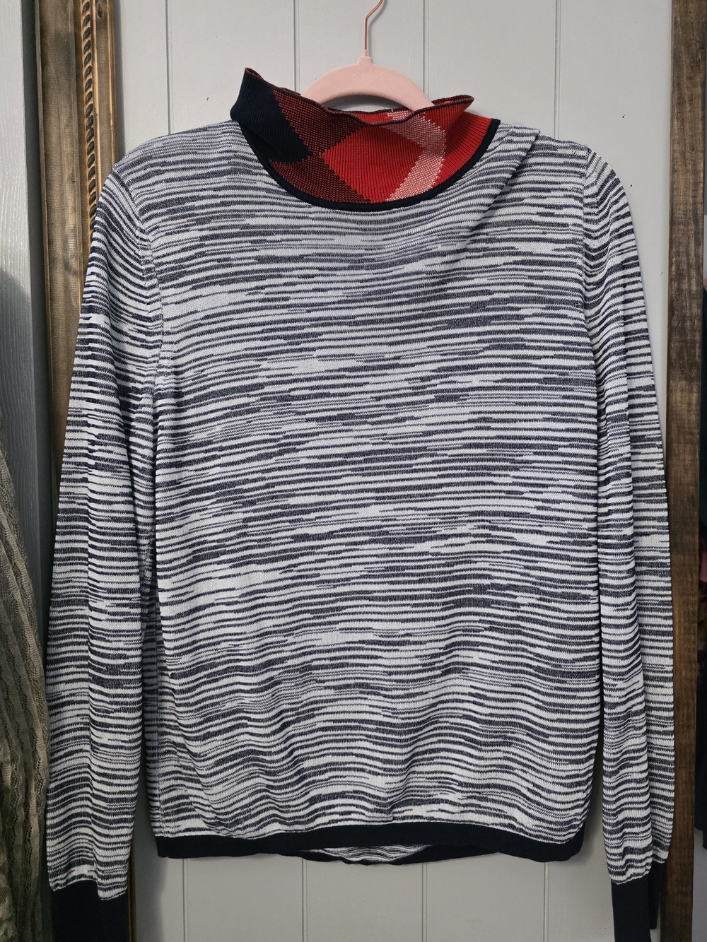 Tory Burch Gray & White Striped Turtleneck with Red Accent Collar